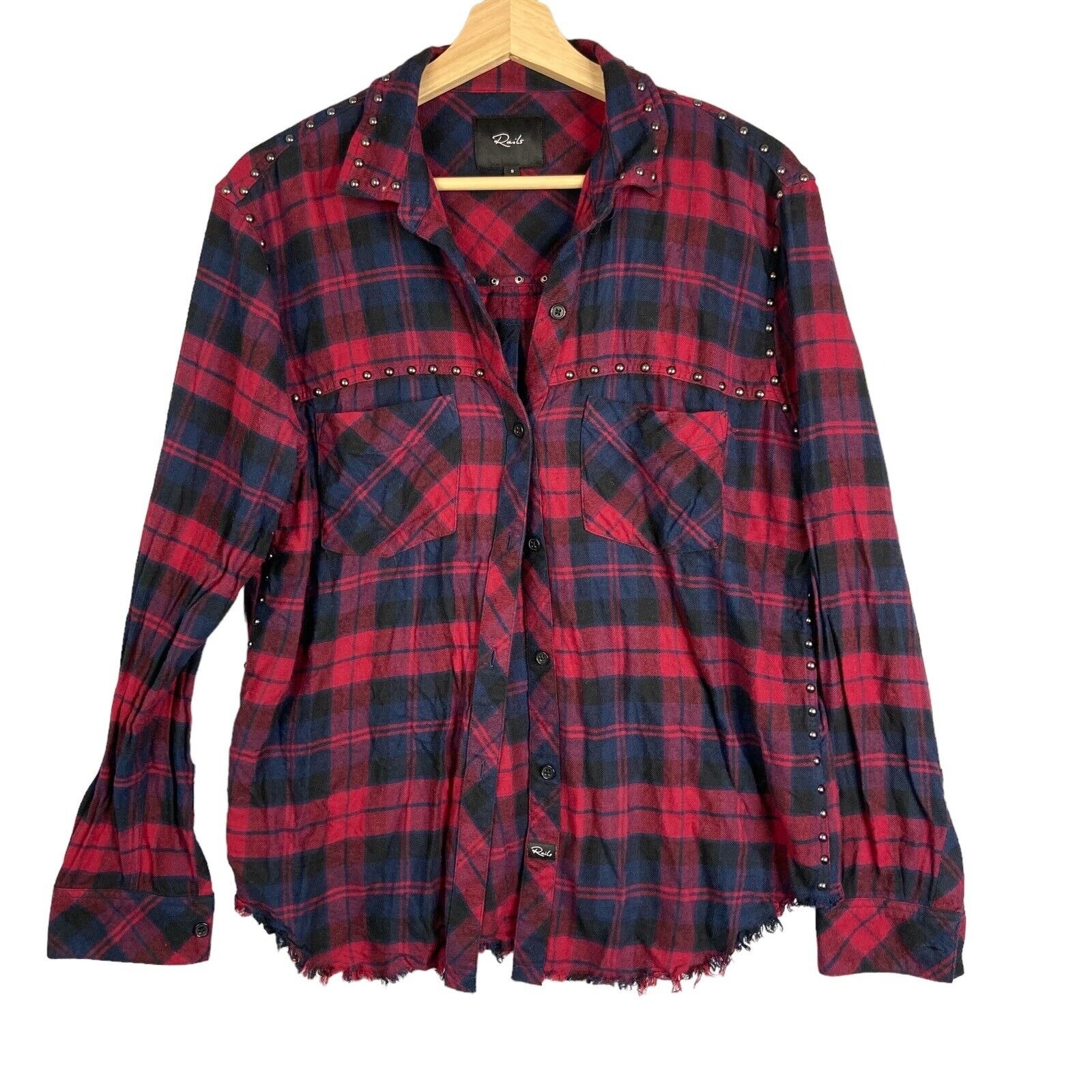 Rails Shirt Blouse Women Sz Small Rex Scarlet Navy Coal Button Down Red Plaid